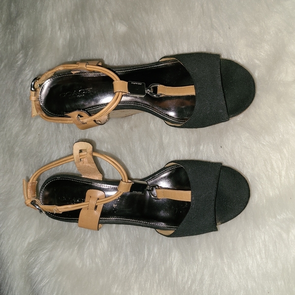 Y2K Coach Size 7.5 B Black Fabric Tan Cork Wedges - Picture 1 of 14